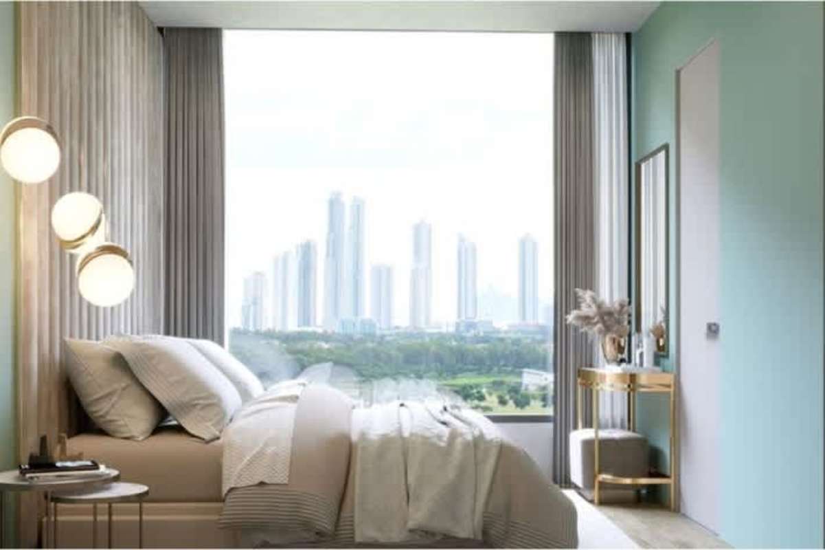 Designer lobby with sculptural light modern luxury condo in Santa María Panama