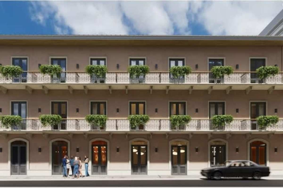 Aerial of colonial Mediterranean building with tile roof in Casco Viejo UNESCO Panama