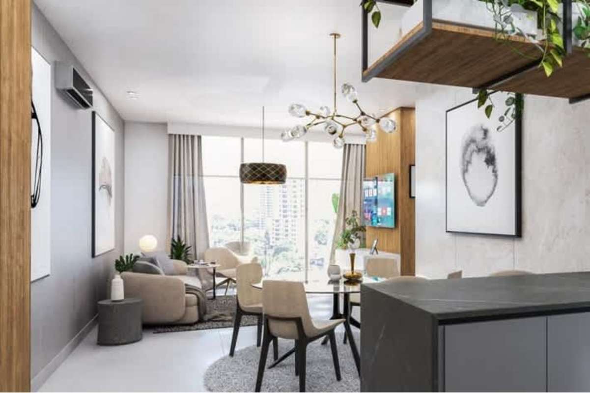 Stylish open-plan living dining space with large windows and urban skyline views at PH Coco del Mar Panama