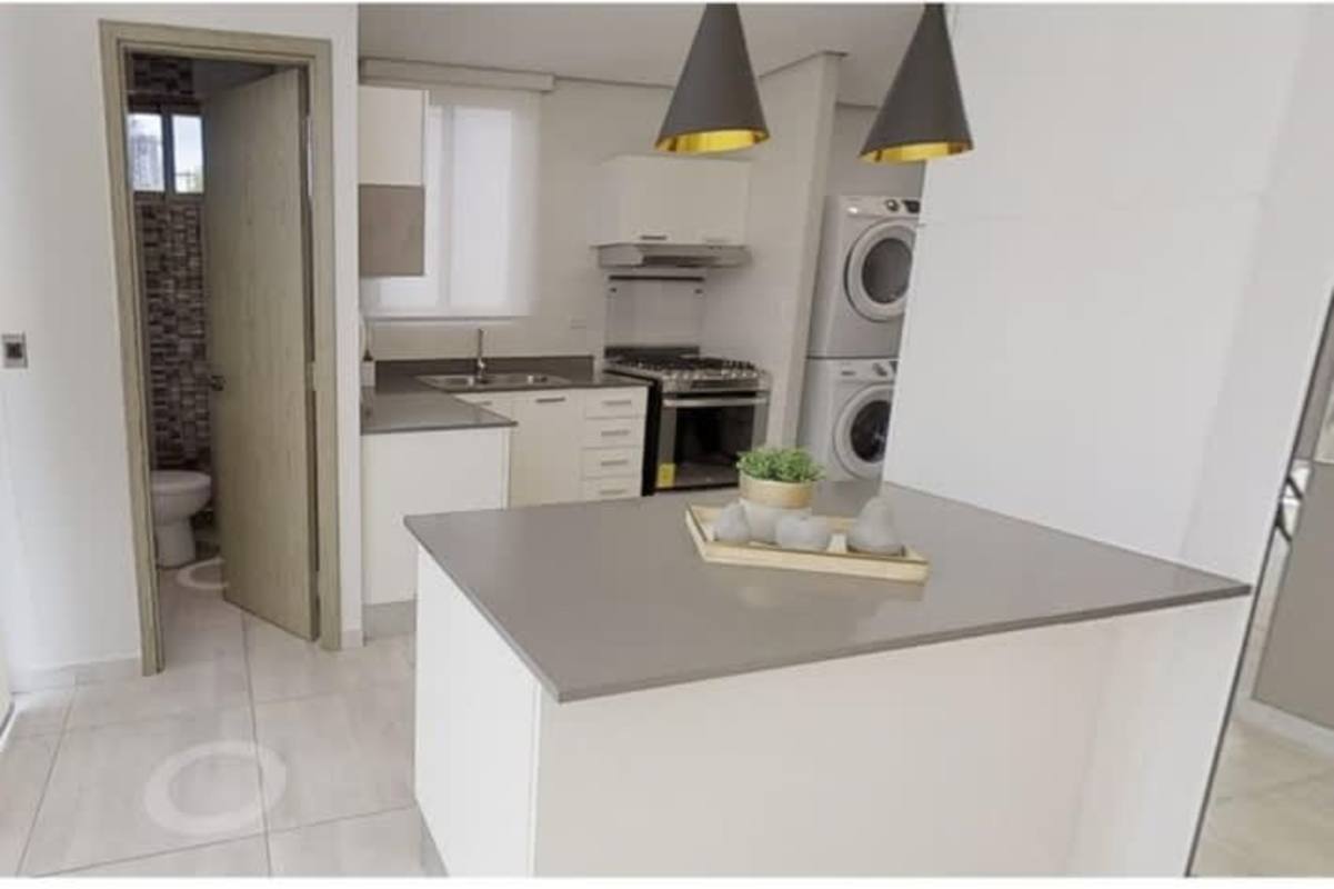 Contemporary kitchen integrated bathroom design new apartment Altavista Tower Betania Panama