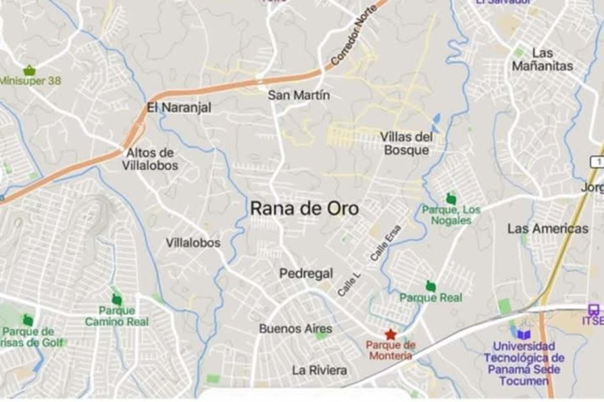 Map highlighting Calle Rana de Oro location with nearby parks and neighborhoods in Pedregal Panama City