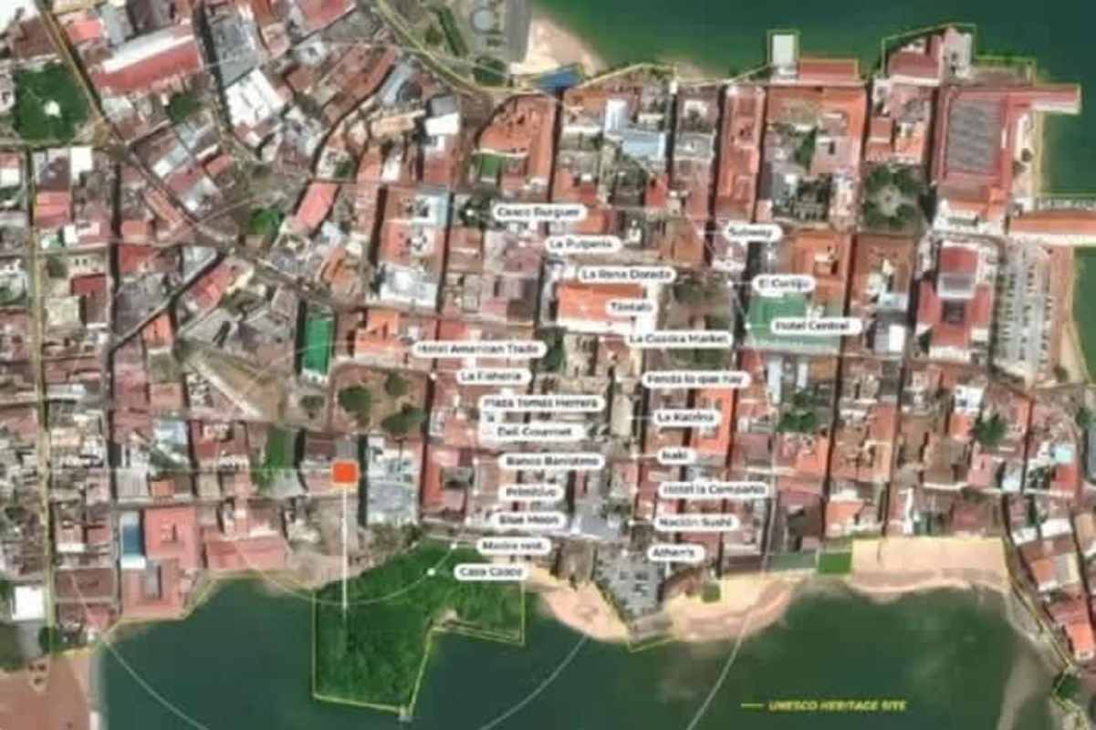 Coastal aerial map of Casco Viejo Panama City with heritage district and oceanfront