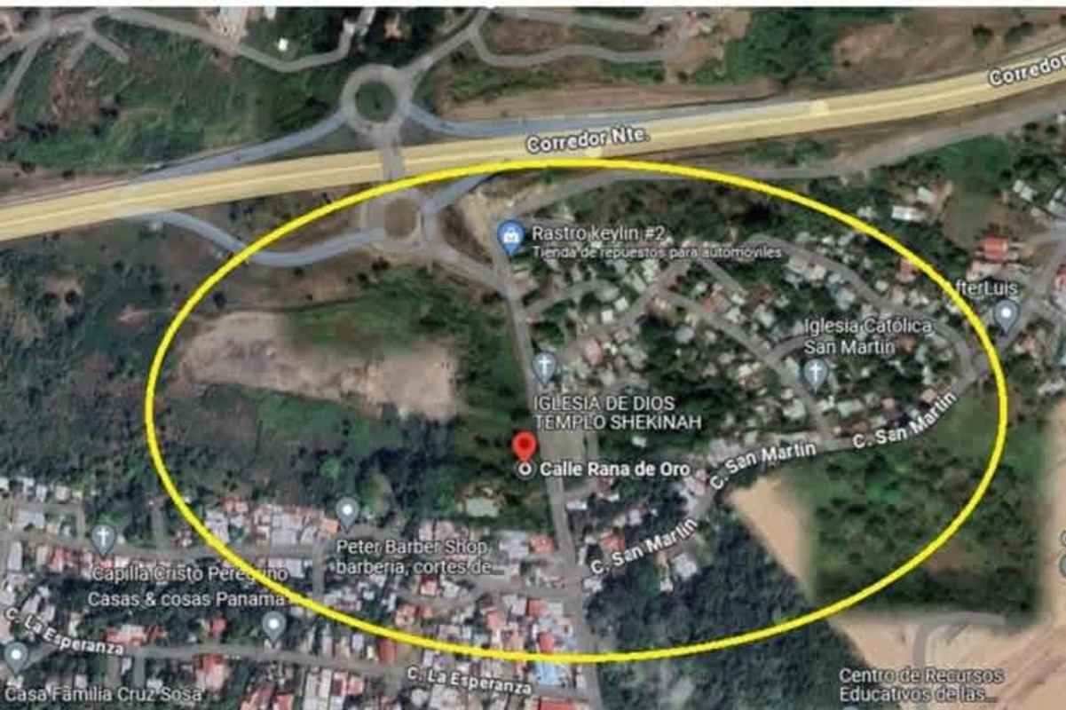 Satellite map view showing highway Corredor Norte, Rana de Oro, residential streets Pedregal Panama
