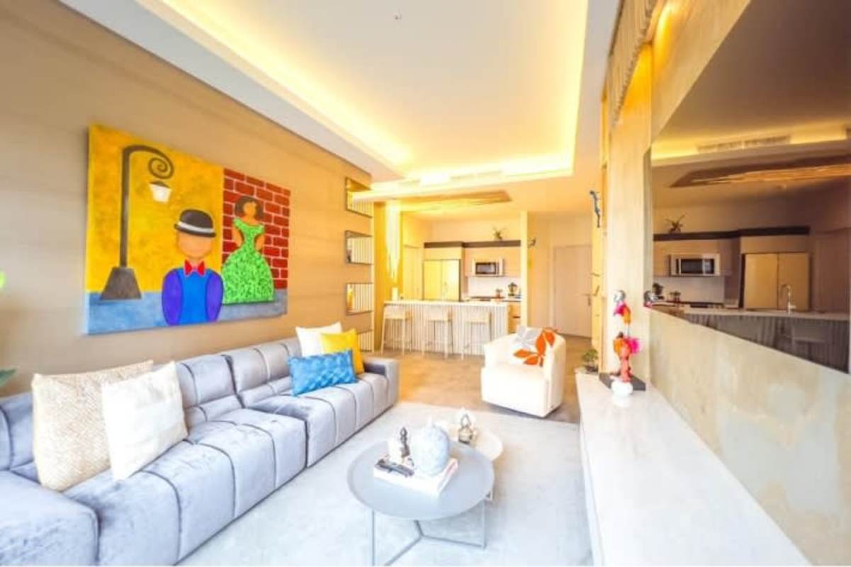 Modern open kitchen quartz countertops appliances Santa María Golf Panama luxury apartment