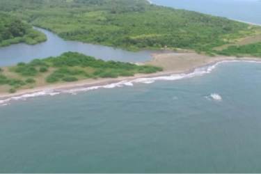 Sandy beach and dense forest with Pacific waters Isla Boca Brava Panama