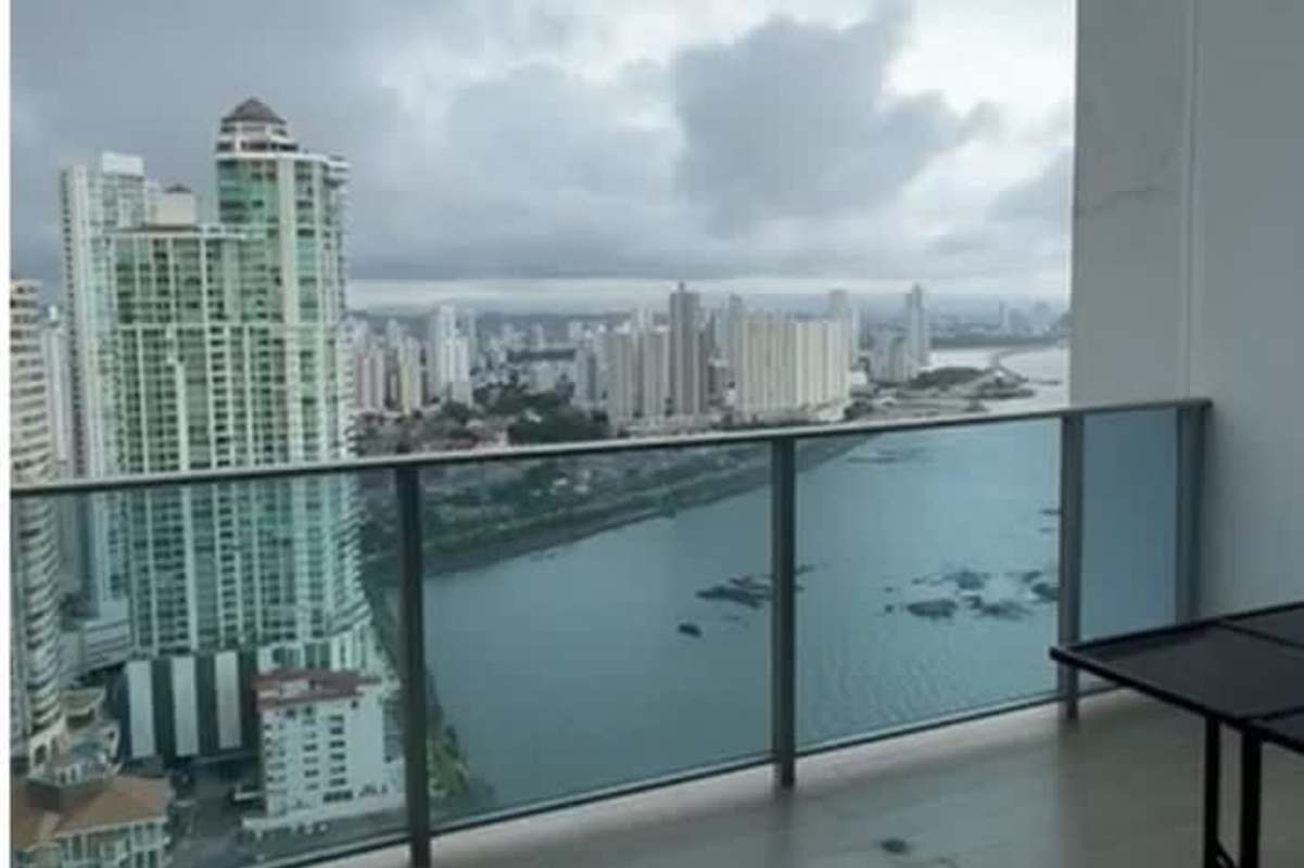 Balcony terrace overlooking Pacific Ocean and skyline from PH Pacific Point Punta Pacífica