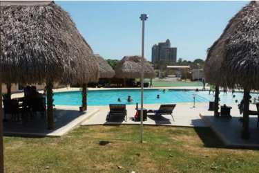 Large pool area with thatched cabanas, sun loungers and city skyline behind Coronado Panama