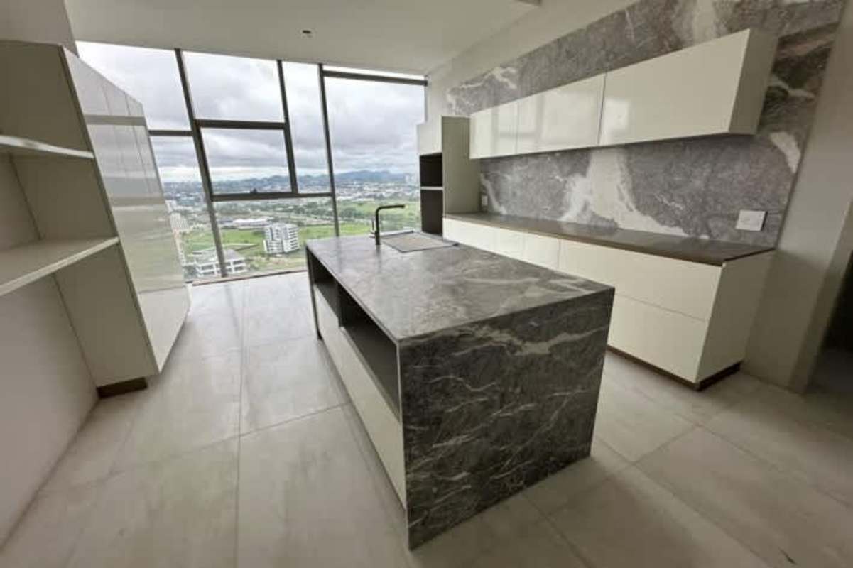 Modern bathroom with marble finishes rain shower large window panoramic view La Maison by Fendi Casa Panama