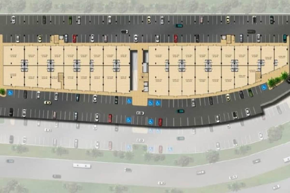 Aerial of commercial plaza shops parking layout Terrazas de Albrook Panama for lease