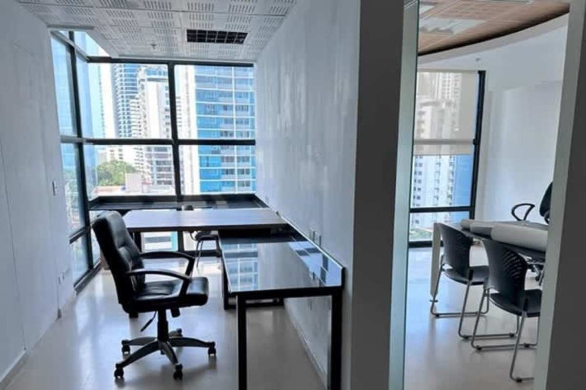Bright workspace with panoramic city skyline view in office for rent Ocean Business Plaza Punta Paitilla Panama