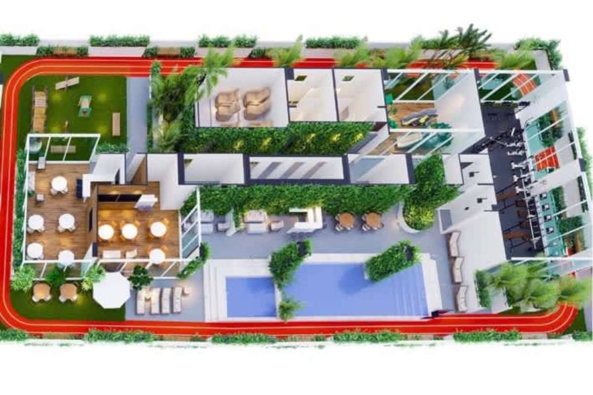 Aerial view of amenities deck with swimming pool, gym, playground PH Amazona