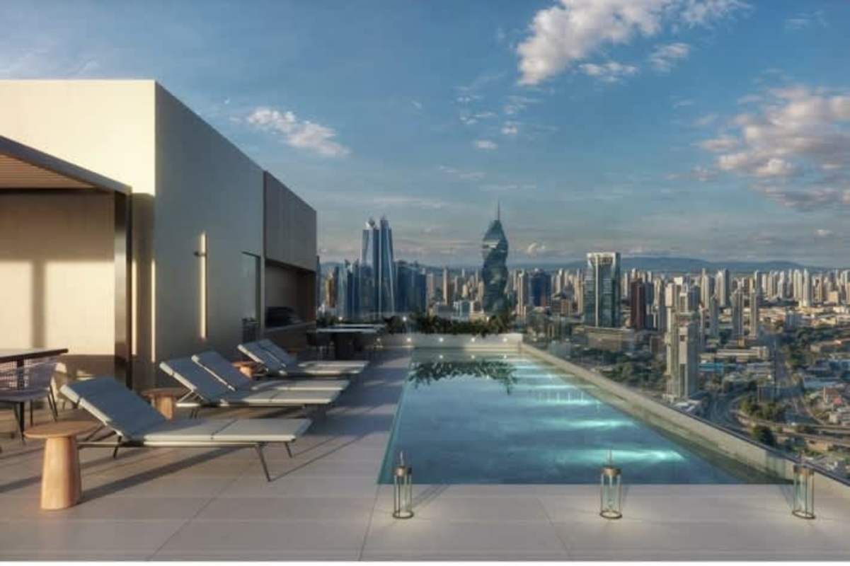 Contemporary lobby with seating and art in new PH Marina View Marbella, Panama