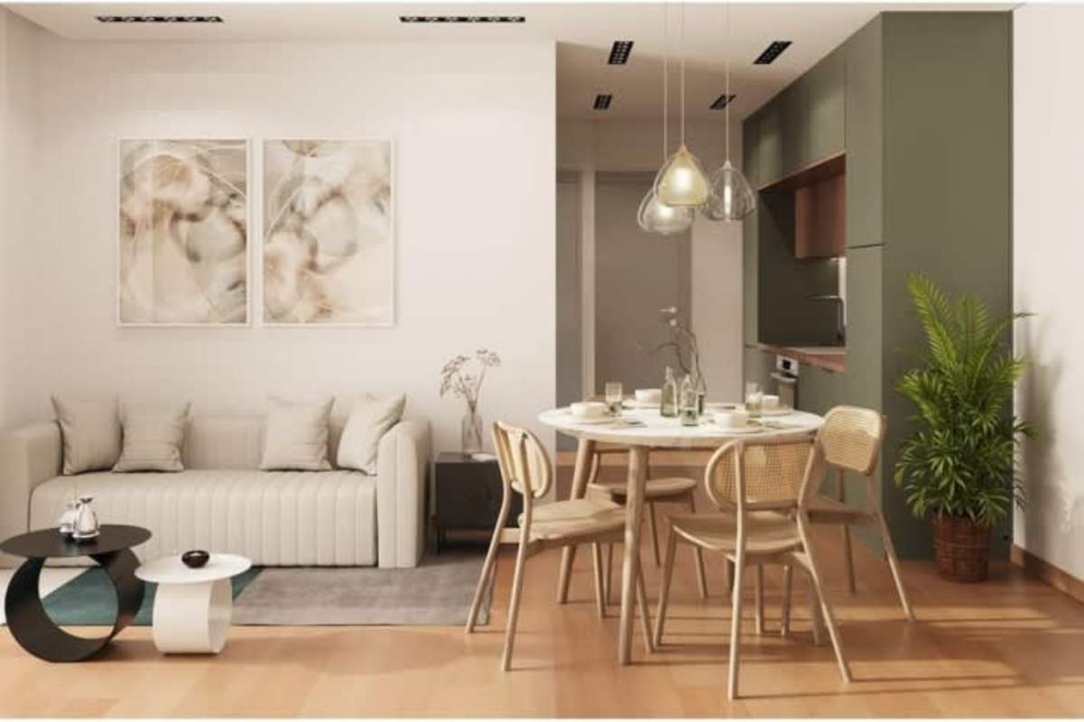 Contemporary lobby space with lounge chairs, artwork and marble reception PH Bay View Tower