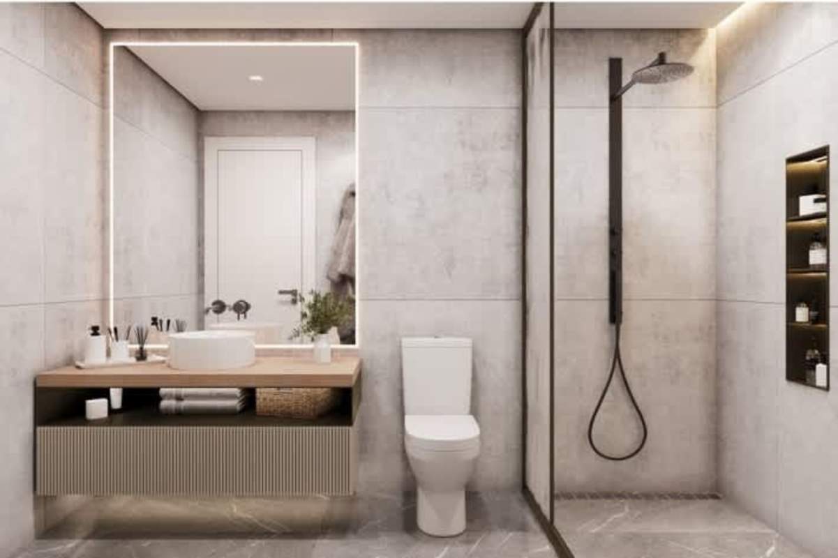 Walk-in rain shower modern vanity luxury bathroom in Marbella Tower