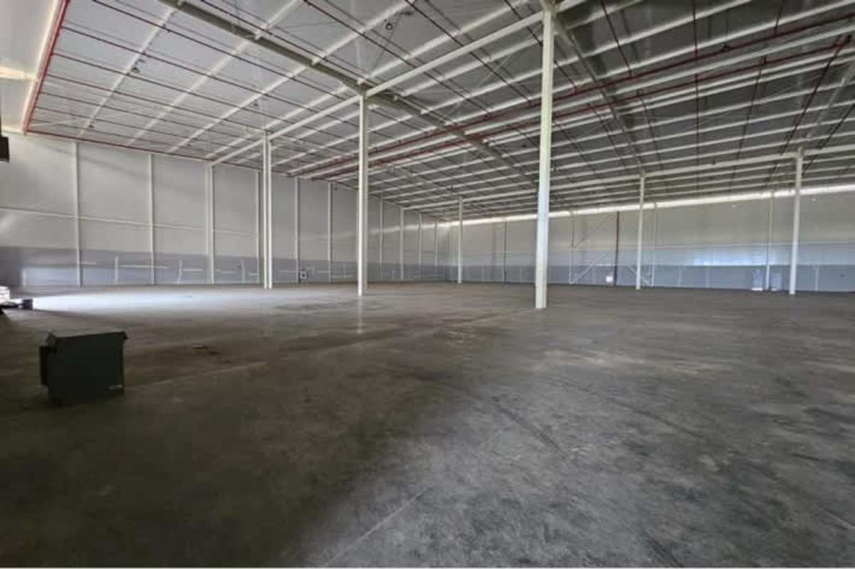Empty warehouse with exposed steel beams, fire sprinkler system, polished floor at Panapark Free Zone