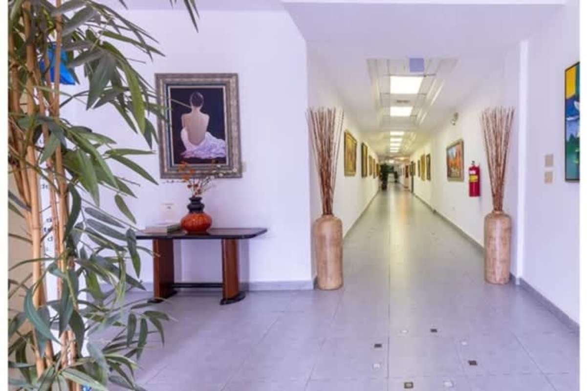 Modern corridor with paintings, vases, plants in PH Vista Hermosa Business Center Panama City
