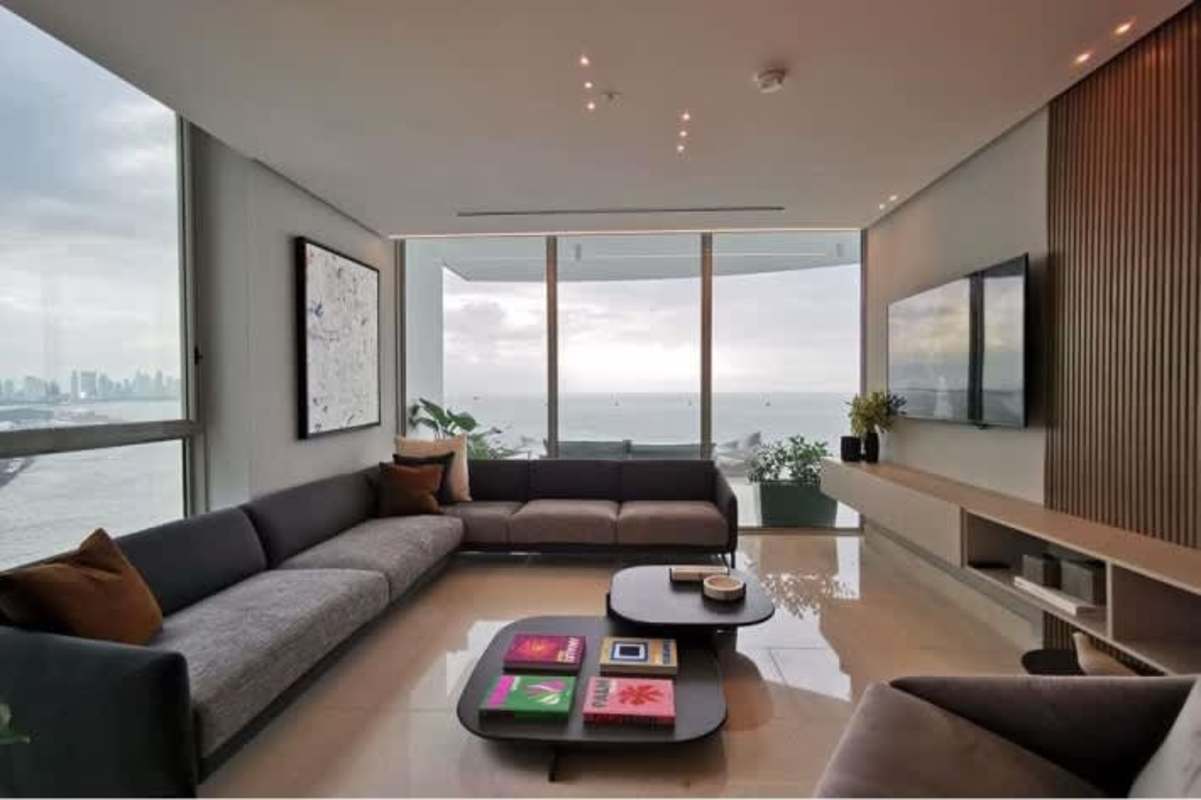 Modern luxury bathroom with marble tiles, glass shower at PH Pacific Point Torre 400 Panama City