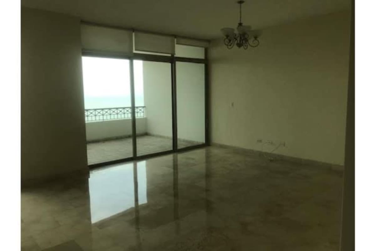 Balcony with glass railings and spectacular ocean views in luxury apartment Punta Pacifica Panama