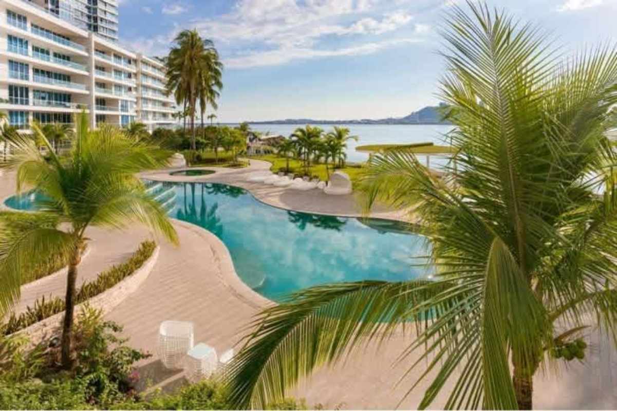 Freeform beachfront pool and lounging areas in PH Miradores Punta Paitilla Panama City