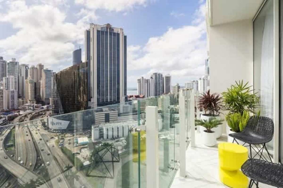 Private balcony overlooking city skyline Empire Residences Obarrio Panama