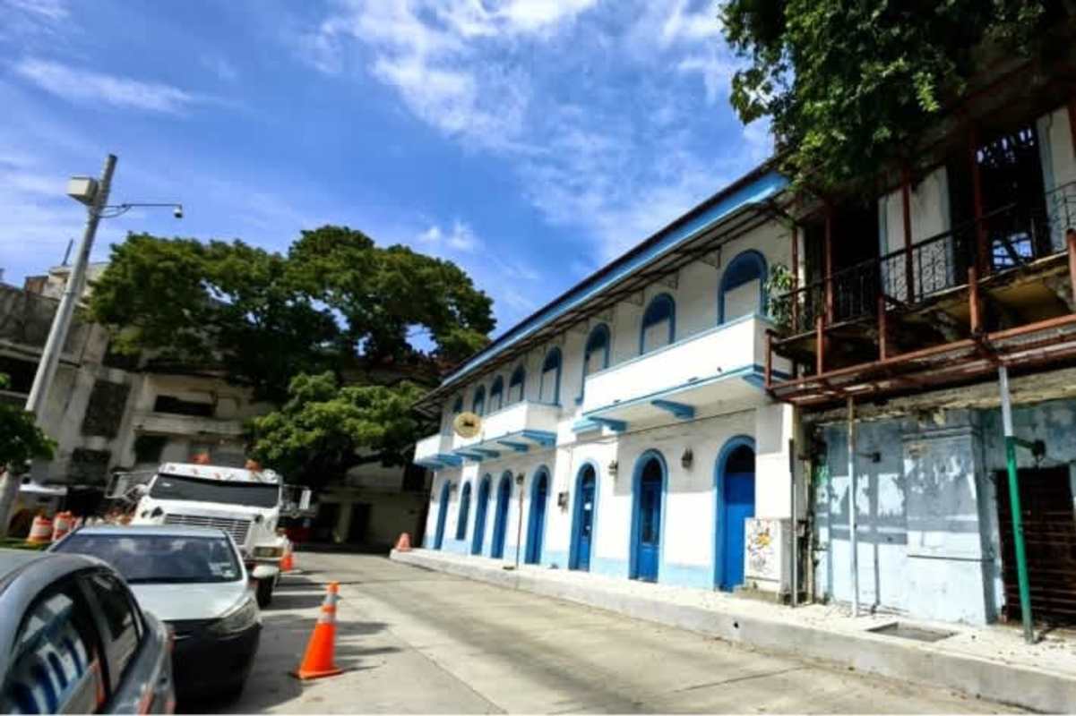 Street view of colonial Casa Natalia commercial corner building in Casco Viejo Panama City