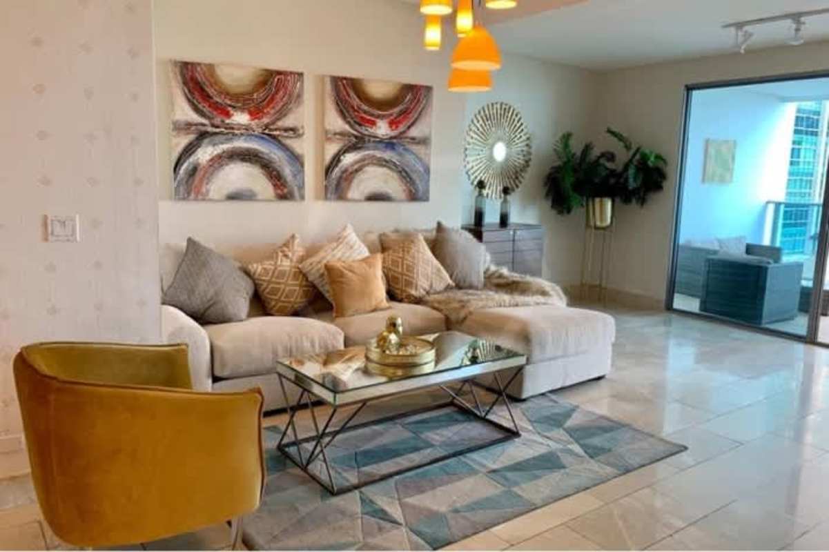 Spacious master bedroom with large windows and ocean view in PH Aqualina Punta Pacifica Panama