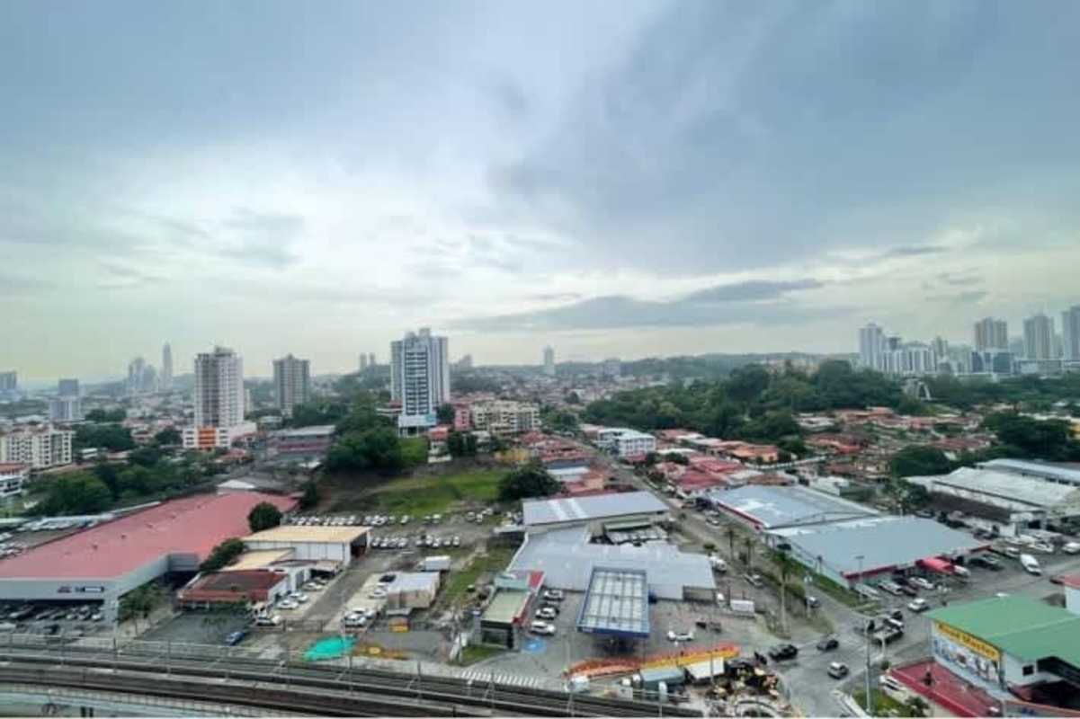 Urban Panama City skyline and neighborhood view from apartment balcony in PH Pueblo Nuevo