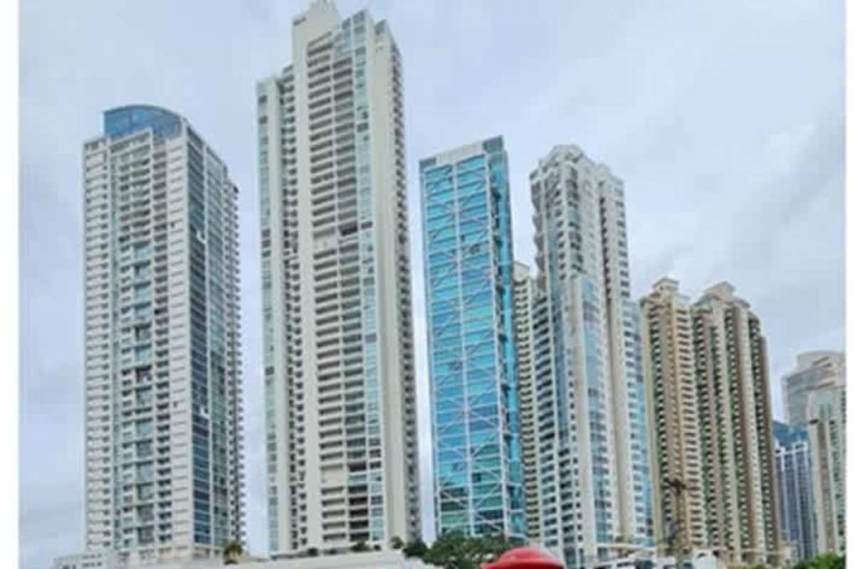 Aerial view of modern skyscrapers in Punta Pacifica business and residential district Panama City