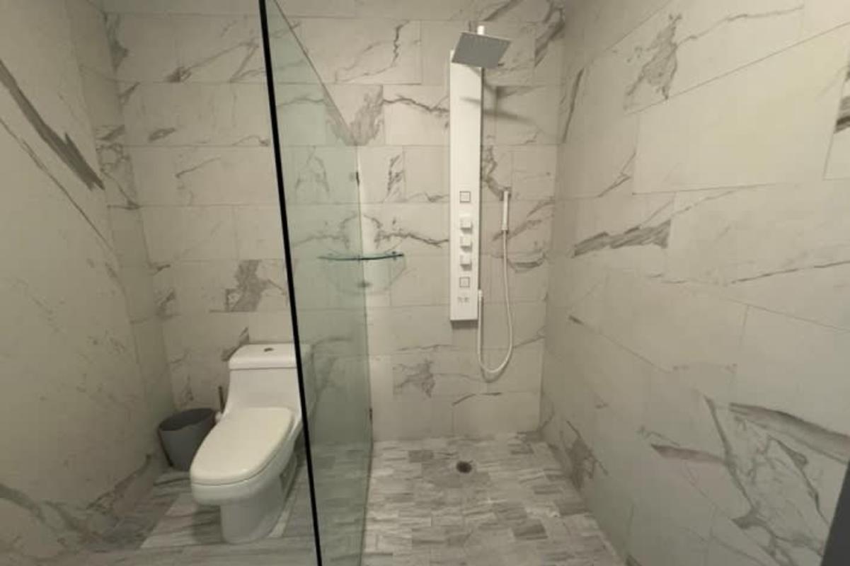 Minimal marble bathroom with walk-in rain shower PH BICSA Financial Center Panama