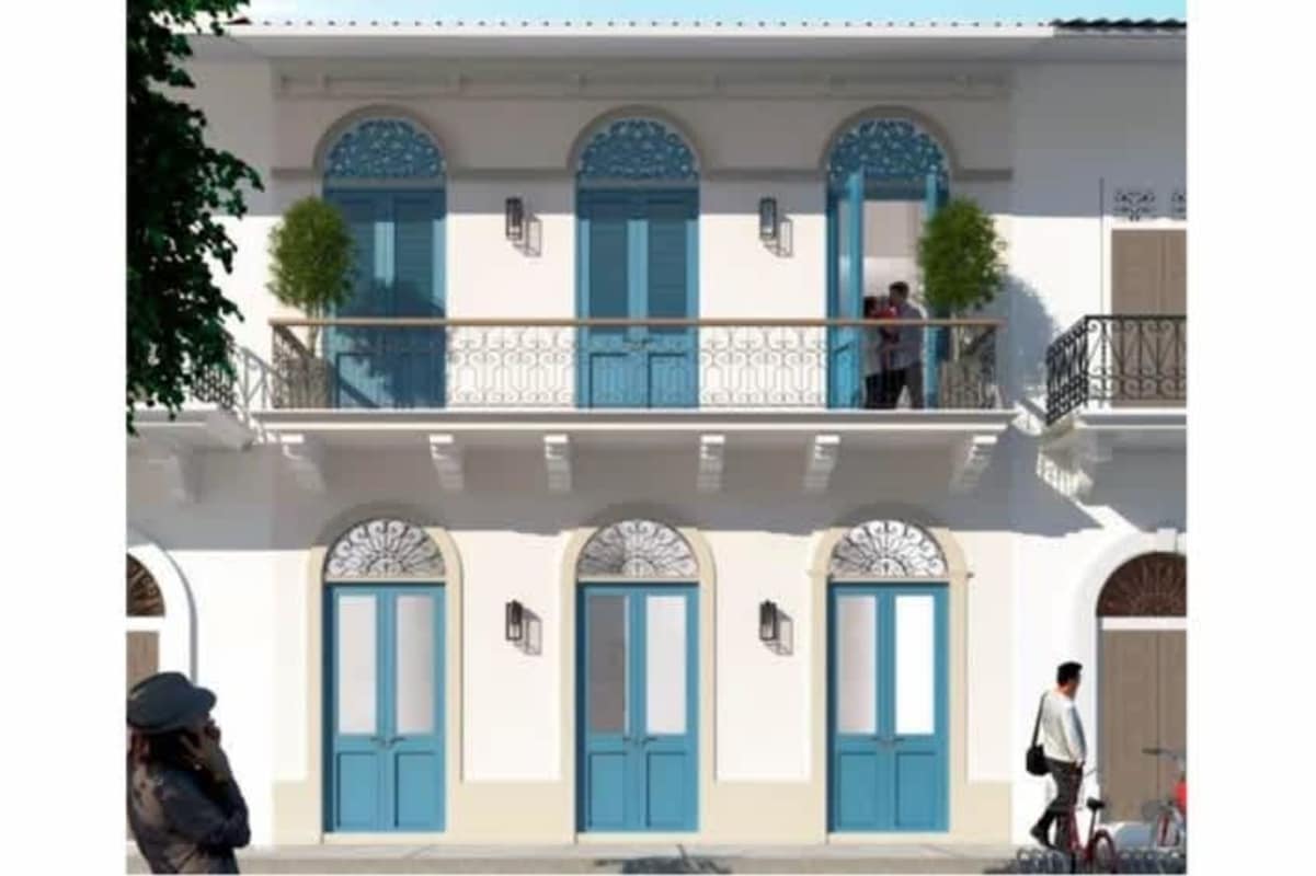 Two-story colonial building with blue shutters Casco Viejo Panama City