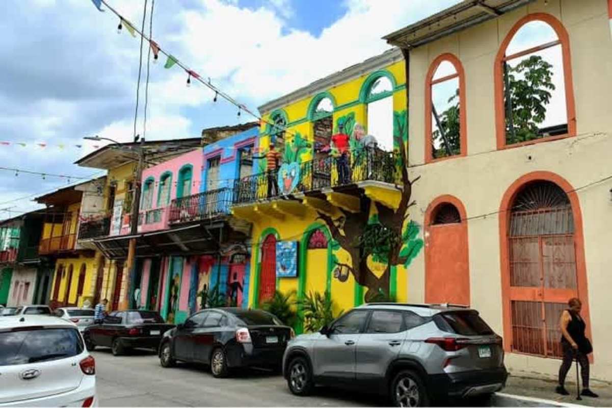 Colorful colonial balcony buildings Casco Viejo historic center Panama