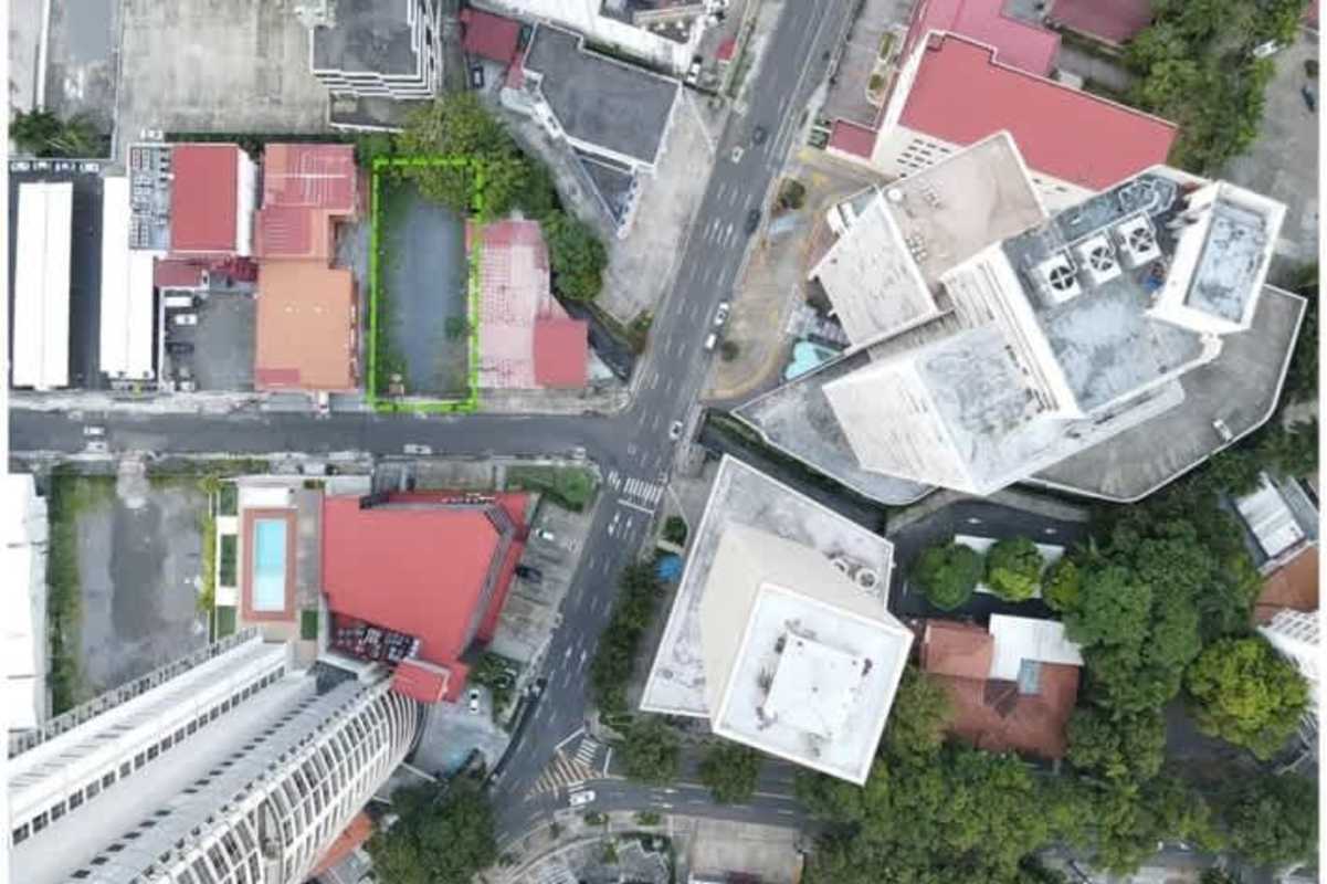 Downtown aerial view showing vacant corner lot in banking district with nearby skyscrapers