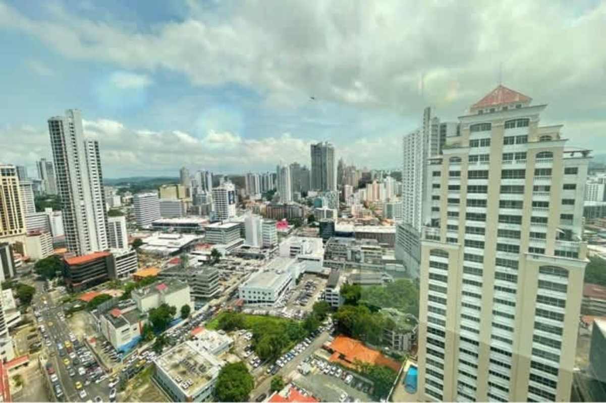 Aerial cityscape skyline with PH BICSA Tower in Panama financial district