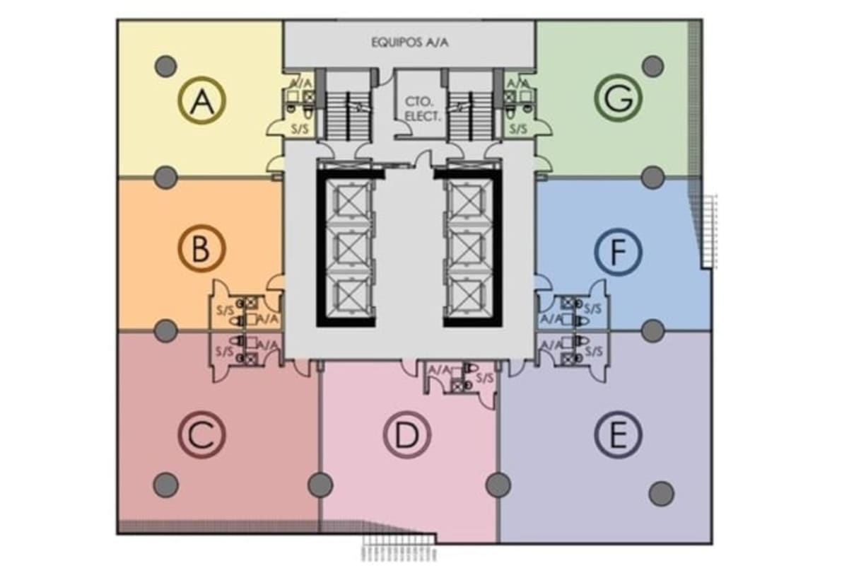 Color-coded commercial office floor plan with elevator core at Times Square Center