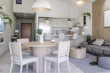 Spacious open concept living and dining area in eco house at Terra Viva Coronado Panama