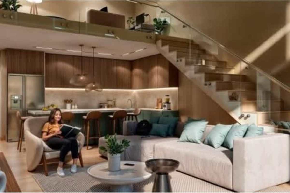 Loft apartment with open plan kitchen, living space, glass railing staircase at PH LOV El Cangrejo Panama