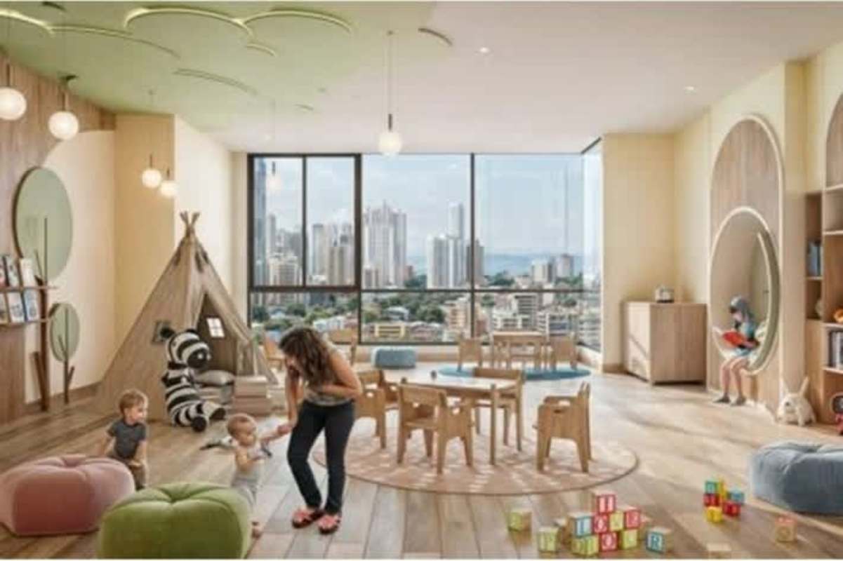Modern kids playroom with skyline city view and colorful furniture in PH LOV El Cangrejo Panama