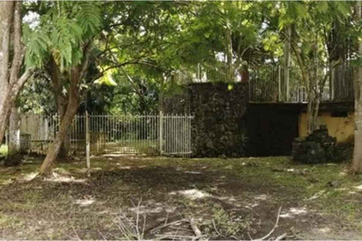 Lush garden with mature trees, rustic stone wall and fencing in Las Cumbres Pedregal Panama house