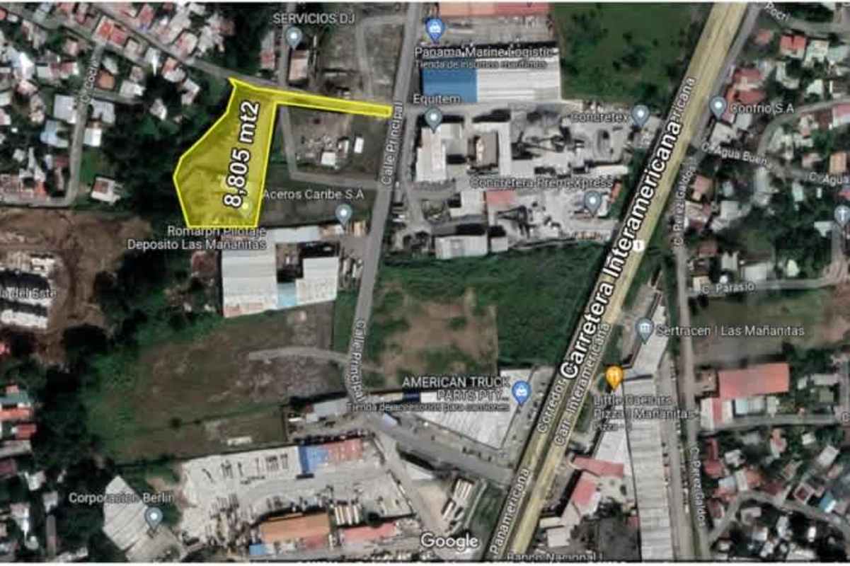 Satellite map showing location of a large developable land plot near Tocumen and Metro stations in Panama City