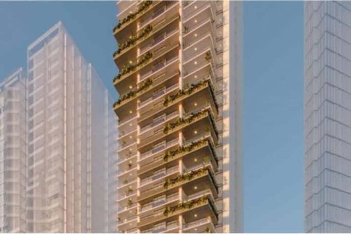 Contemporary glass residential skyscraper with balconies in Costa del Este Panama