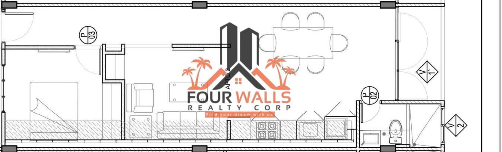 Modern open kitchen with dining table, navy door and stylish decor in PH Plaza Santa Ana Casco Viejo