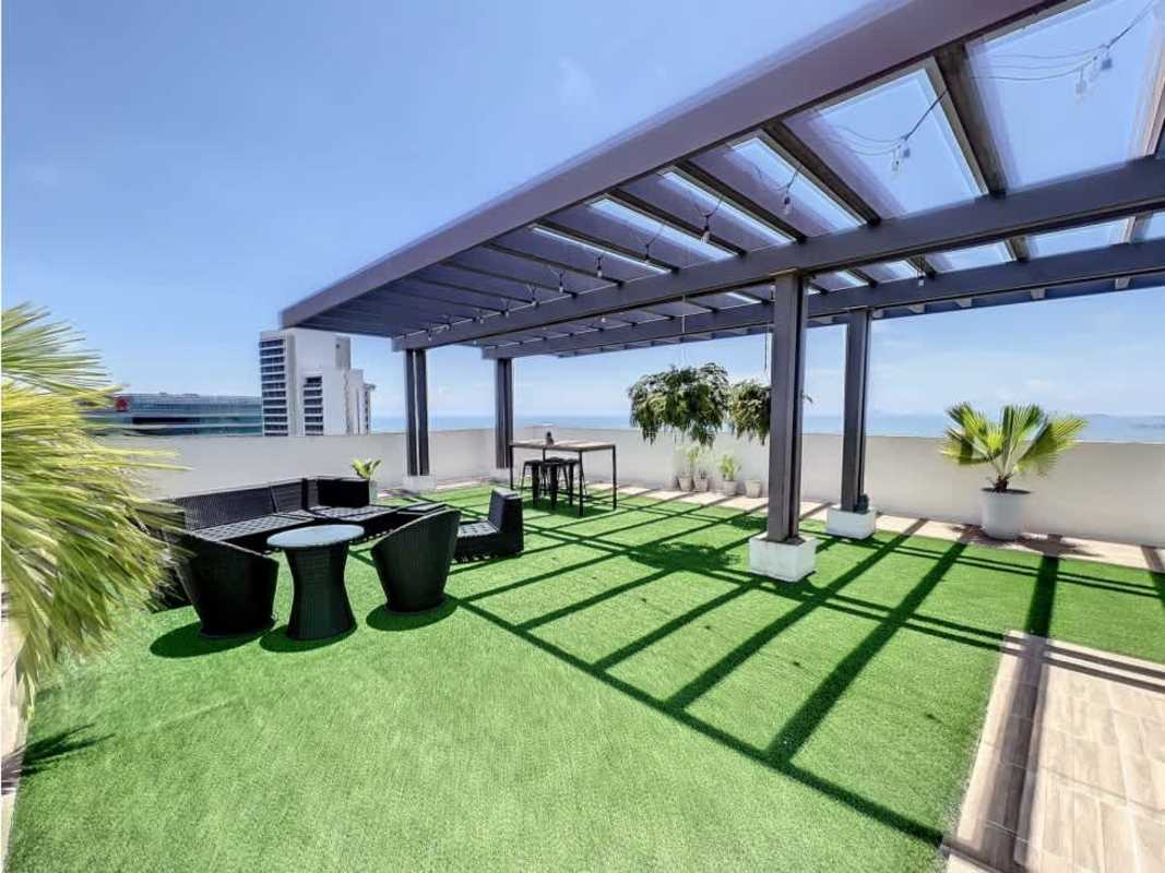 Rooftop terrace with pergola, city and ocean views, outdoor lounge PH Asia Penthouse Panama