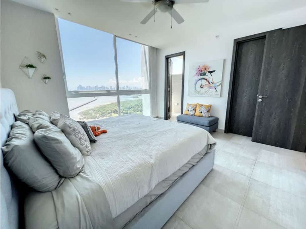 Bedroom with large window, skyline and sea views, minimalist design PH Asia Panama