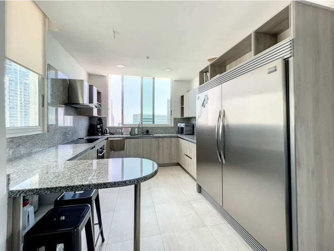 Modern living room with sea view, tile flooring, minimalist decor in PH Asia Tower Panama