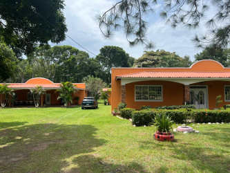 Series of rustic vacation cabins with palm trees and garden in Santa Clara Panama resort compound
