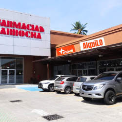 Strip mall with pharmacy, storefronts, and parking lot in Plaza F-Sur David Chiriquí Panama