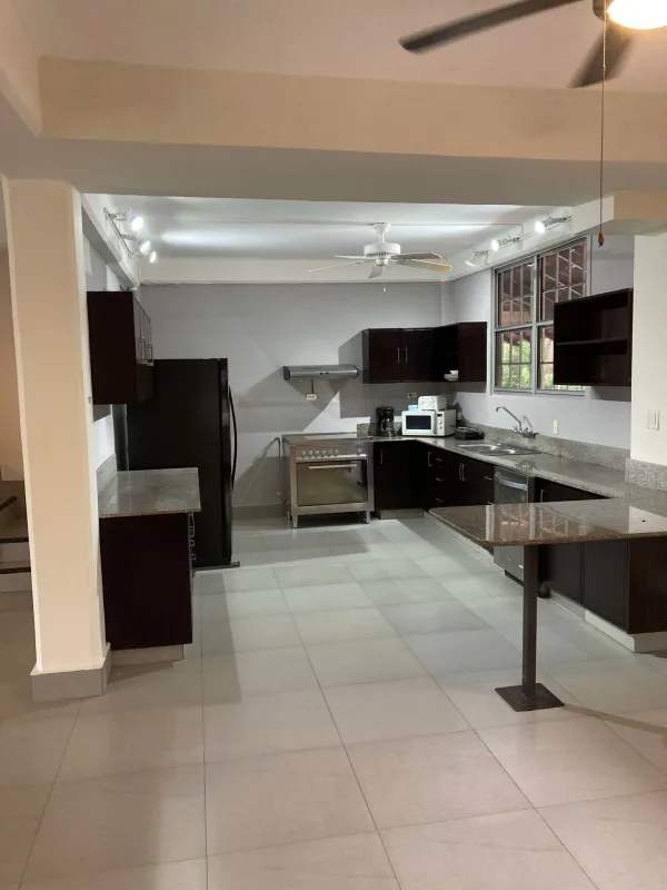 Spacious kitchen granite countertops stainless steel appliances in Clayton Panama house