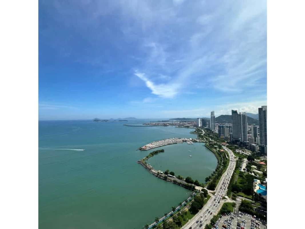 High-rise condominiums and marina coastline in Panama along Avenida Balboa aerial view