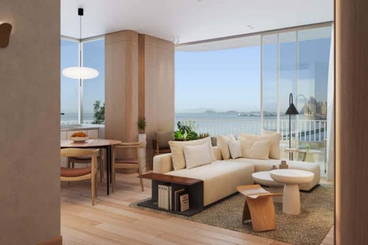 Living room with floor-to-ceiling windows ocean views in PH Ipanema Panama