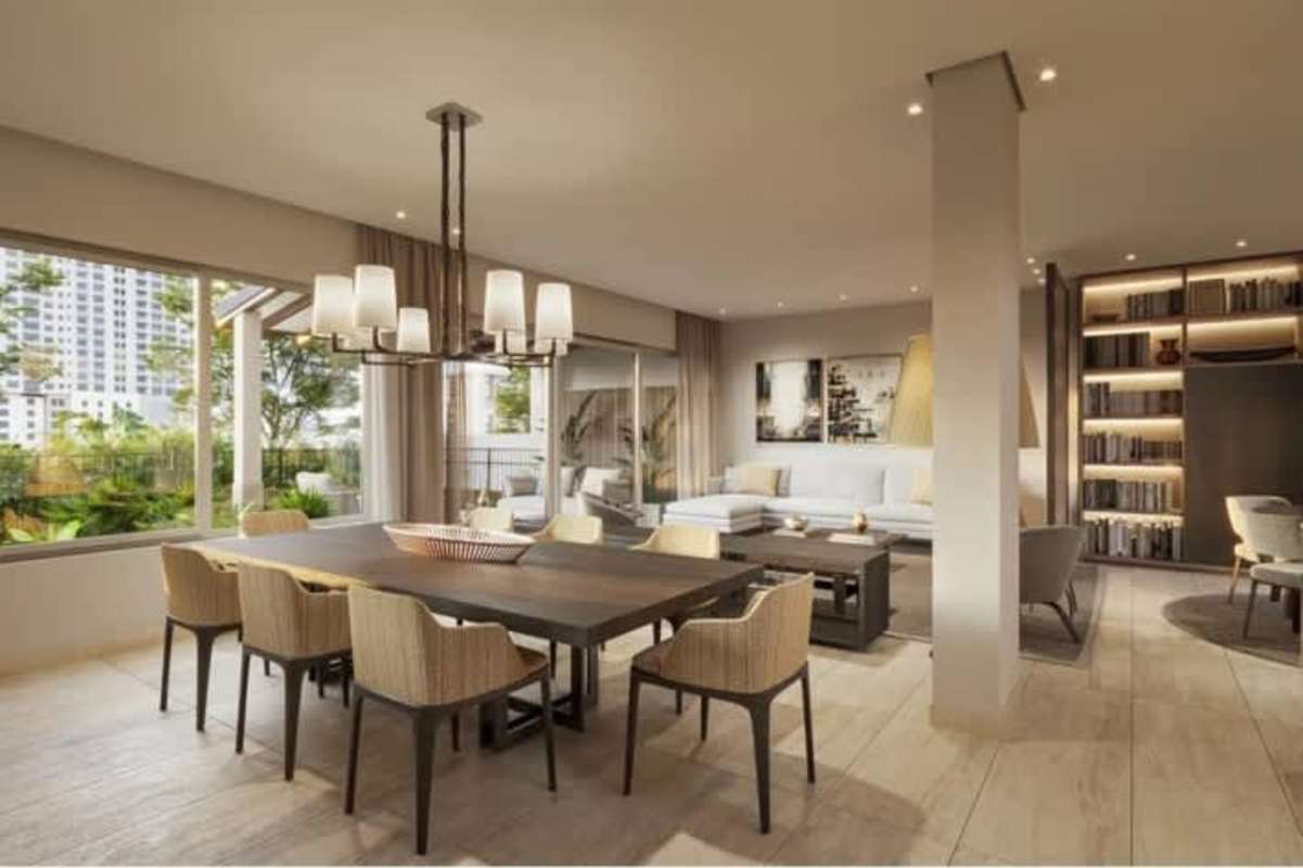 Spacious open-plan condo with city views, modern dining table and large windows at PH Allure Punta Pacifica